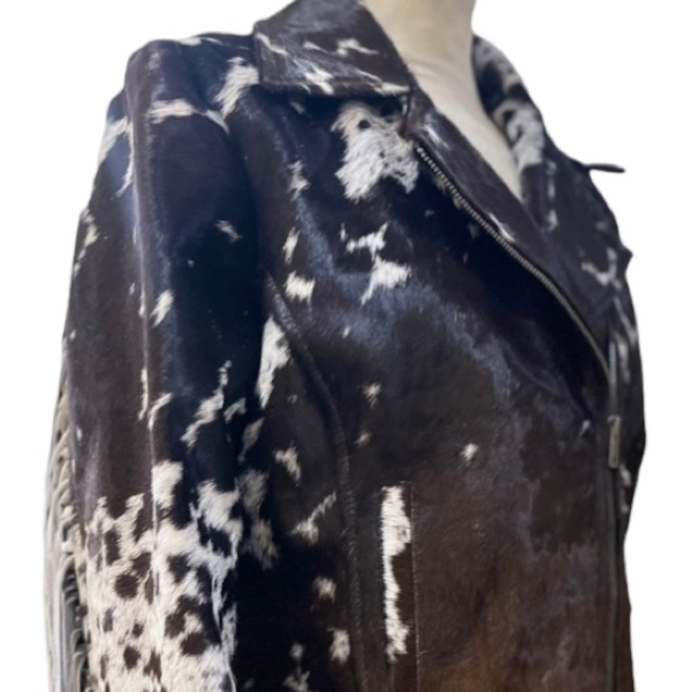 NEW CUSTOM London Fringe Dappled Pony Print Hair Calf Moto Jacket Black Brown L - Picture 5 of 11